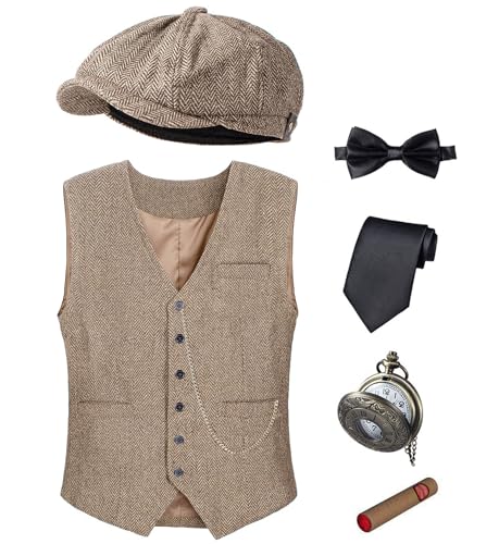 TOGROP 1920s Mens Costume Vest Hat Pocket Watch Accessories Set Adult Party Cosplay Brown XXLarge - Image 1