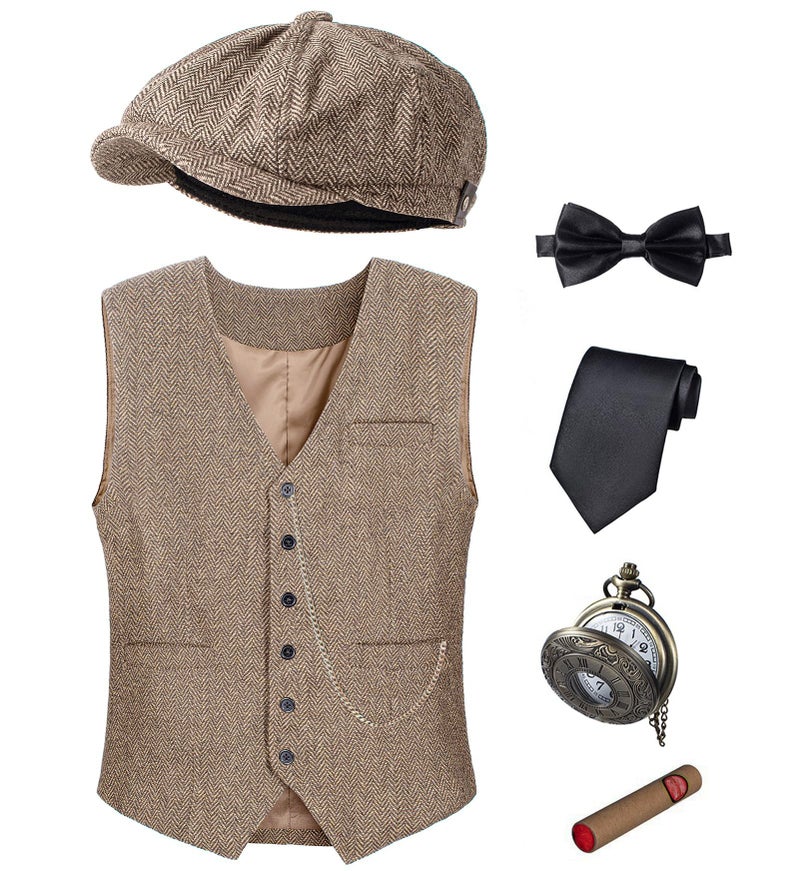 TOGROP 1920s Mens Costume Vest Hat Pocket Watch Accessories Set Adult Party Cosplay Brown XXLarge - Image 2