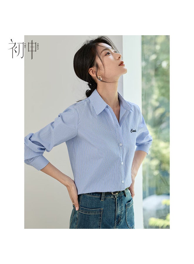 Chushen Spring And Autumn Long-sleeve Shirt For Women, Blue Striped Embroidered Lapel Elegant Office Casual Blouse Top S143c2014