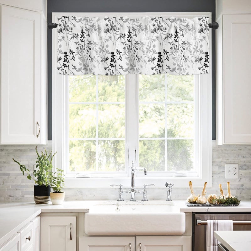 SHAPTOY Watercolor Black White Grey Leaf Kitchen Curtains Valances for Windows Spring Summer Flowers Rod Pocket Valance Window Treatments 1 Panel Short Curtain 54x18 Inch for Bathroom Living Room Decor - Image 4