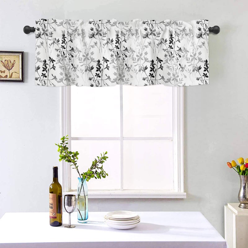 SHAPTOY Watercolor Black White Grey Leaf Kitchen Curtains Valances for Windows Spring Summer Flowers Rod Pocket Valance Window Treatments 1 Panel Short Curtain 54x18 Inch for Bathroom Living Room Decor - Image 2