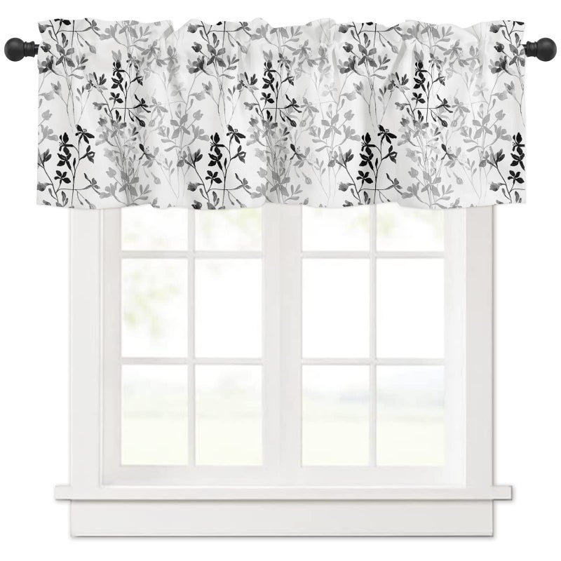 SHAPTOY Watercolor Black White Grey Leaf Kitchen Curtains Valances for Windows Spring Summer Flowers Rod Pocket Valance Window Treatments 1 Panel Short Curtain 54x18 Inch for Bathroom Living Room Decor - Image 1
