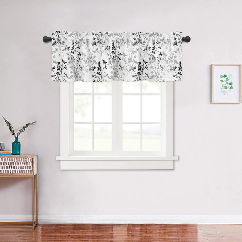 SHAPTOY Watercolor Black White Grey Leaf Kitchen Curtains Valances for Windows Spring Summer Flowers Rod Pocket Valance Window Treatments 1 Panel Short Curtain 54x18 Inch for Bathroom Living Room Decor - Image 3