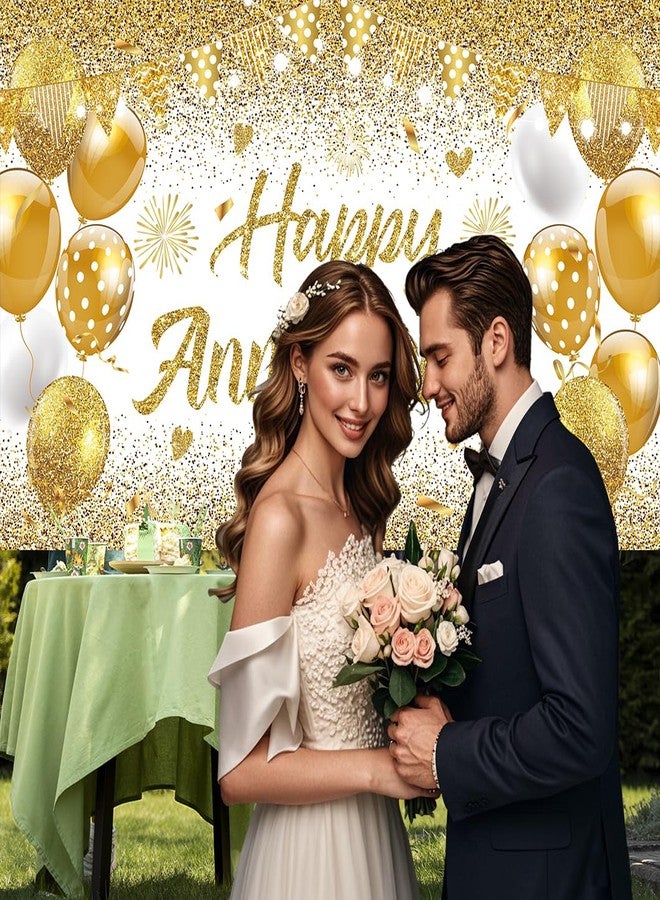 GOLDCROW White Gold Happy Wedding Anniversary Banner for 5 10 15 20 25 30 40 50 for Couple, Happy Anniversary Decorations, Surprise for Parents Cheers to Wedding Supplies 71x43in - Image 2