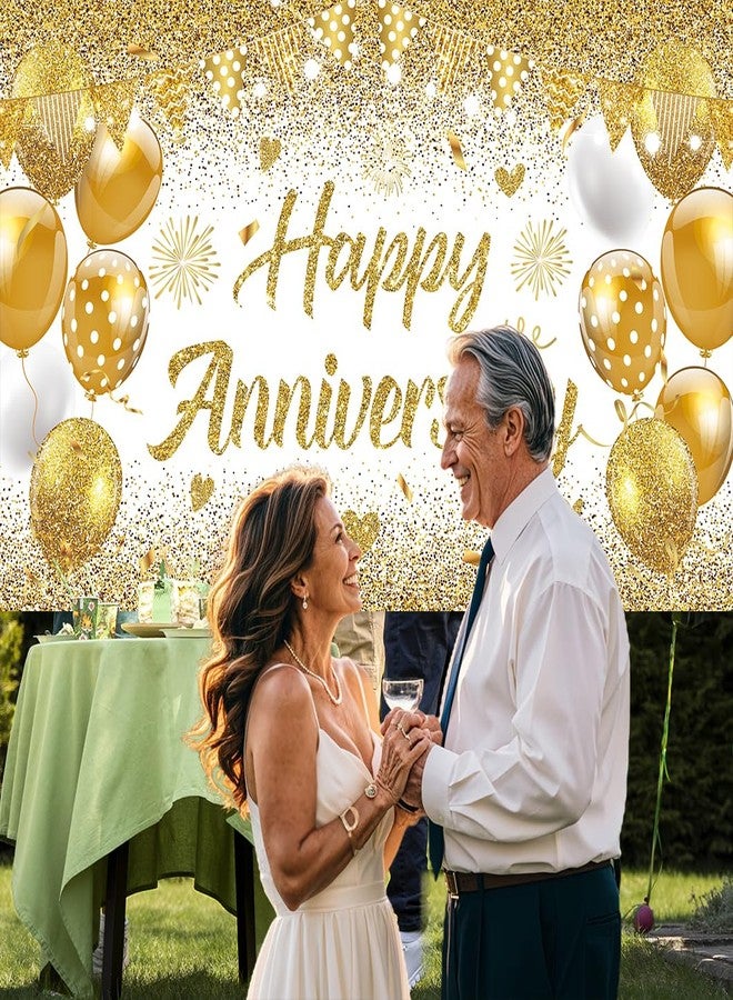 GOLDCROW White Gold Happy Wedding Anniversary Banner for 5 10 15 20 25 30 40 50 for Couple, Happy Anniversary Decorations, Surprise for Parents Cheers to Wedding Supplies 71x43in - Image 3