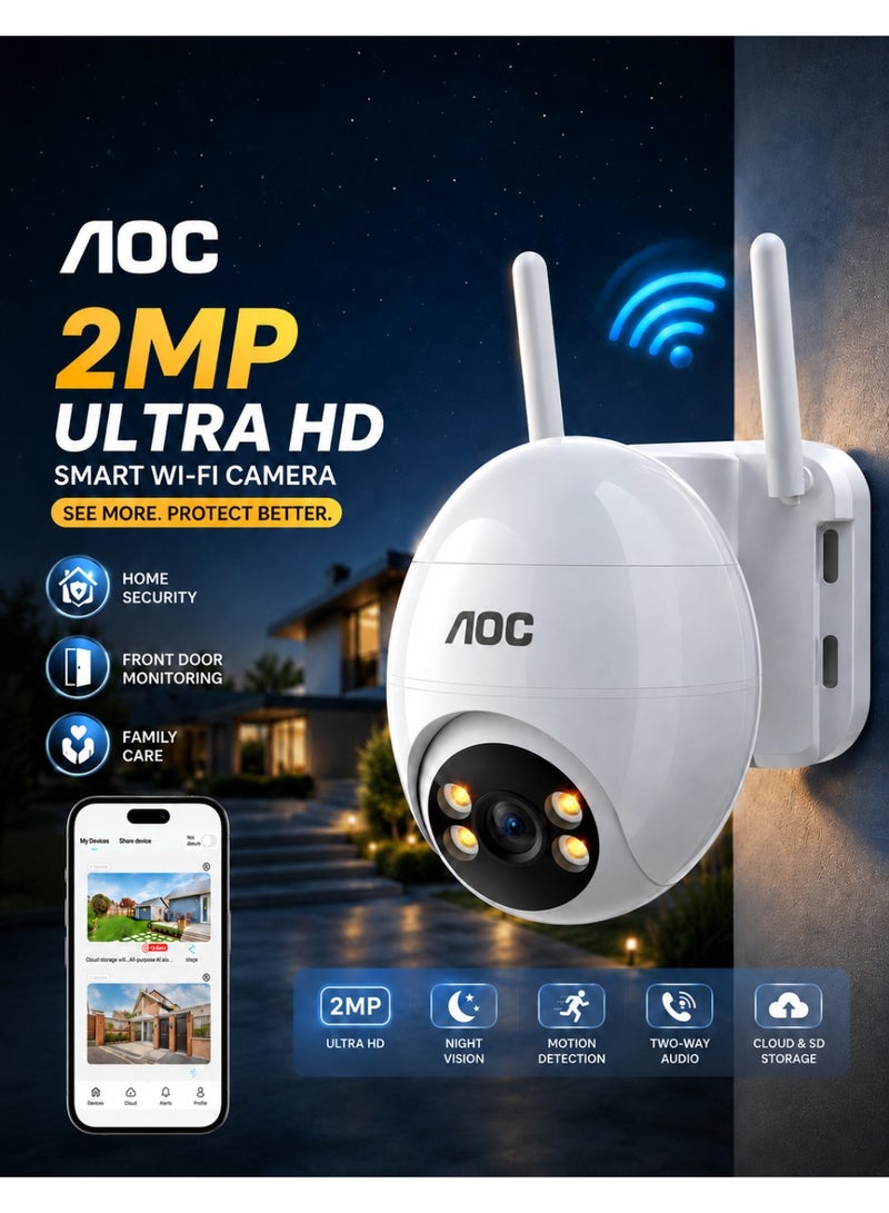 اي او سي كاميرا أمان AOC 360° WiFi، وضوح محسّن بالذكاء الاصطناعي من 1080P إلى 2K، مراقبة داخلية وخارجية، كشف الإنسان بالذكاء الاصطناعي، رؤية ليلية ملونة، صوت ثنائي الاتجاه، 3 أوضاع للصور، تحكم عن بعد عبر التطبيق، تدعم بطاقة TF بسعة تصل إلى 128 جيجابايت والتخزين السحابي، تعمل بتردد 2.4 جيجاهرتز فقط. - Image 1