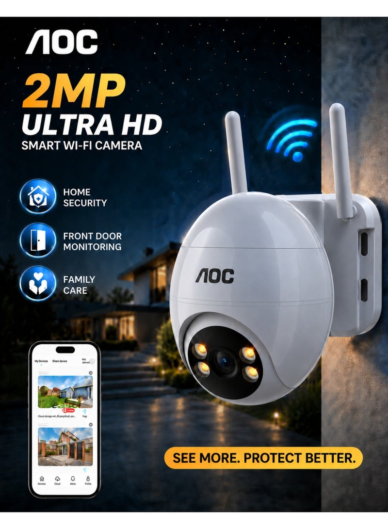 AOC 360° WiFi Security Camera, AI-Enhanced 1080P to 2K-Like Clarity, Indoor & Outdoor Surveillance, AI Human Detection, Color Night Vision, Two-Way Audio, 3 Image Modes, Remote App Control, Supports Up to 128GB TF Card & Cloud Storage, 2.4GHz WiFi Only. - Image 1