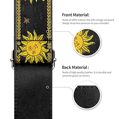 BestSounds Guitar Strap, Vintage Embroidered Sun Straps with Genuine Leather Ends Guitar Shoulder Strap for Bass, Acoustic,Classical & Electric Guitar (Black) - Image 3