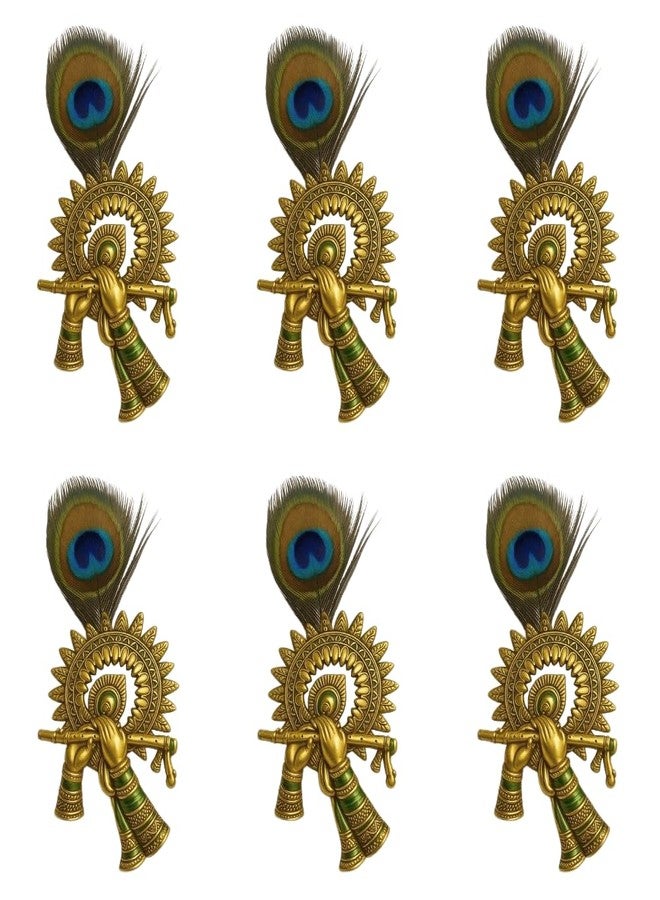 Fiable Collection Beautiful Krishna Brooch with Peacock Feather and Golden Flute - Spiritual Ornament for Devotees, Weddings, Dance Performances & Janmashtami Celebrations, Pack of 6 - Image 1