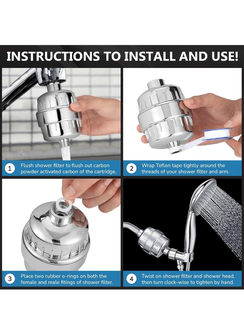 Shower Filter, 20 Stage Shower Head Filter for Hard Water with 2 Replaceable Filter Cartridges Universal Fit Shower Head Filter for Removing Chlorine, Impurities, Hard Water Effects
