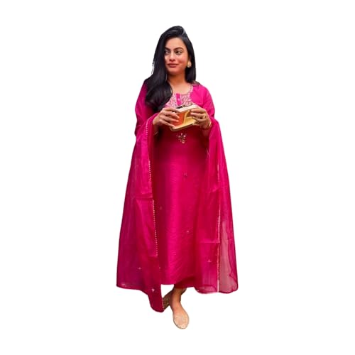Shiv Textiles Women's Chanderi Silk Embroidered Kurta Pant Dupatta Set(JDA-ZARA-PINK-2XL) - Image 1