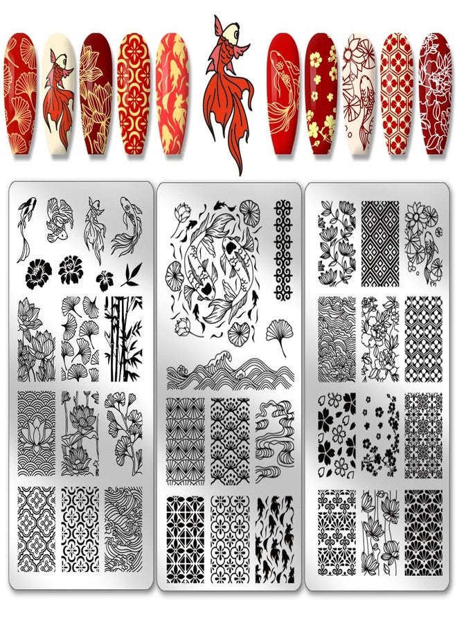 PH PandaHall 3 قطع لوحات طباعة أظافر سمكة، طابع أظافر لوتس الشرقي، قوالب فن زهر البرقوق، قوالب طباعة من الفولاذ المقاوم للصدأ لتصميم فن الأظافر في صالون المانيكير - Image 1
