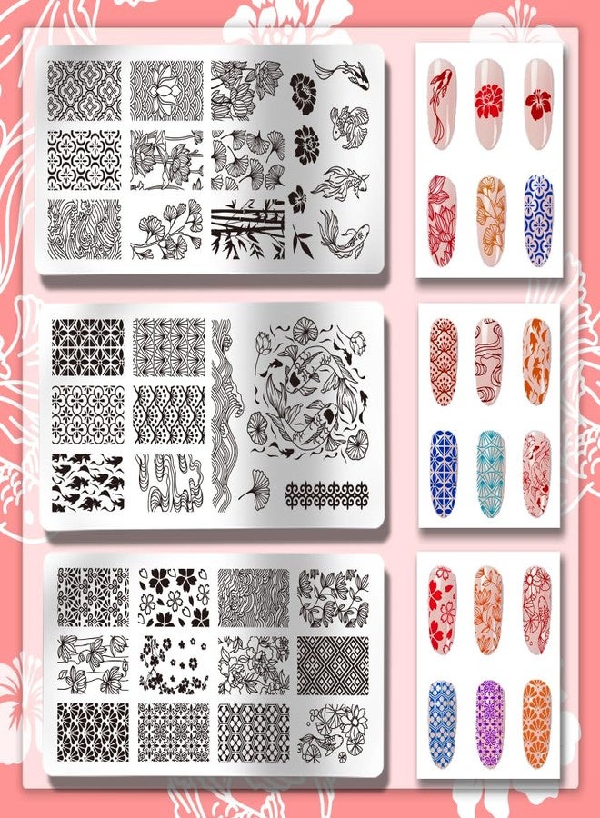PH PandaHall 3 قطع لوحات طباعة أظافر سمكة، طابع أظافر لوتس الشرقي، قوالب فن زهر البرقوق، قوالب طباعة من الفولاذ المقاوم للصدأ لتصميم فن الأظافر في صالون المانيكير - Image 3