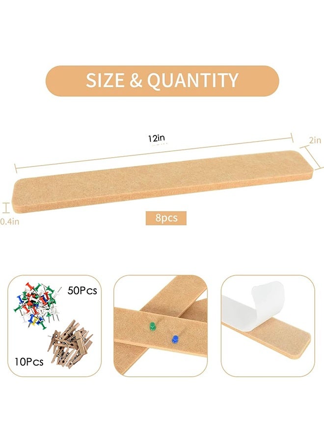 RESONIX 8 Pcs Self-Adhesive Bulletin Board Bar Strips with 50 Pushpins & 10 Wooden Clips – Brown Felt Wall Cork Board for Office, School & Home Decor, Modular Organizer for Notes, Photos & Accessories - Image 2