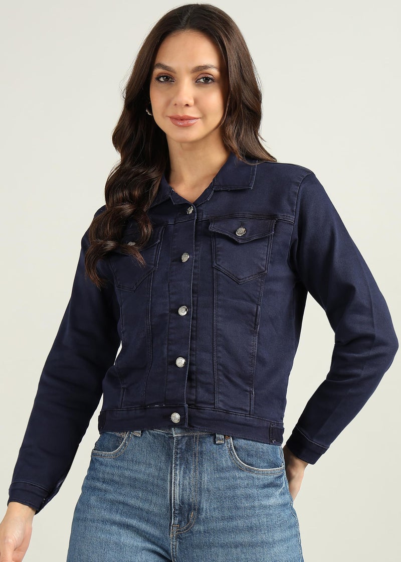 Nifty Women's Denim Color Trucker Jacket (1471_JCKT_GREN_L_Green_L) - Image 2
