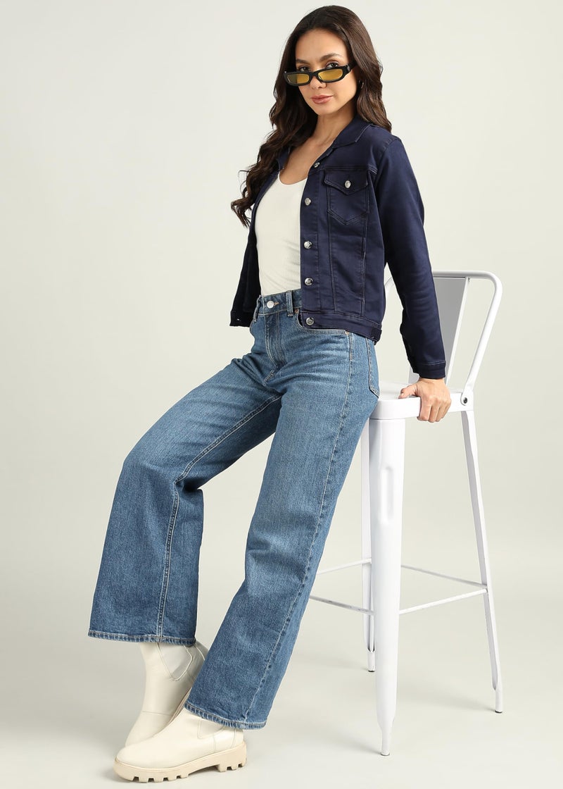 Nifty Women's Denim Color Trucker Jacket (1471_JCKT_GREN_L_Green_L) - Image 4