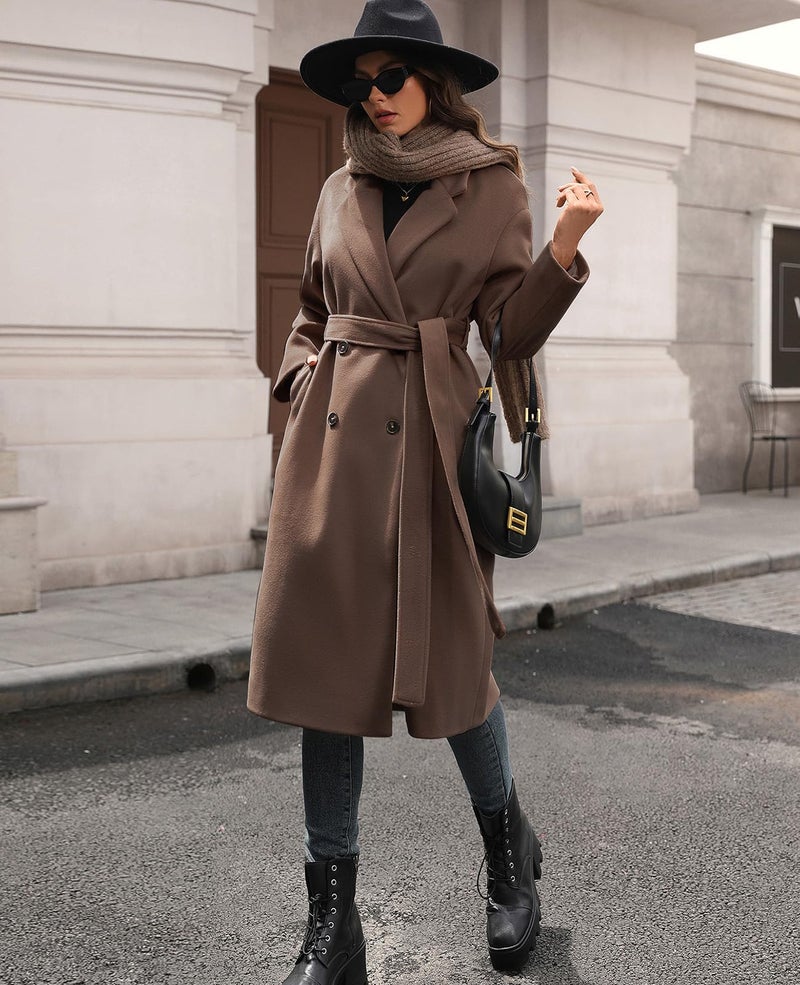 HOTIAN Women's Winter Wool Blend Coat Double Breasted Casual Notch Lapel Long Trench Overcoat Peacoat(Brown-S) - Image 4