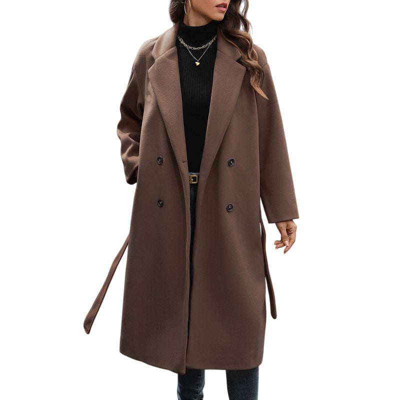 HOTIAN Women's Winter Wool Blend Coat Double Breasted Casual Notch Lapel Long Trench Overcoat Peacoat(Brown-S) - Image 1