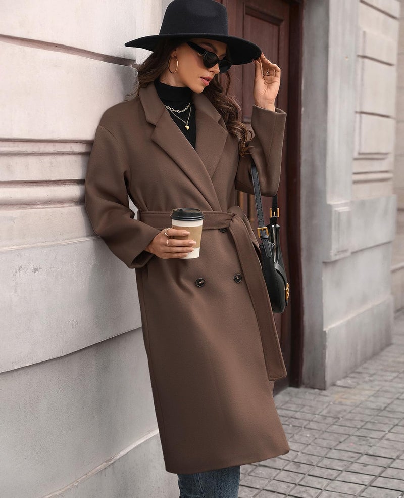 HOTIAN Women's Winter Wool Blend Coat Double Breasted Casual Notch Lapel Long Trench Overcoat Peacoat(Brown-S) - Image 3
