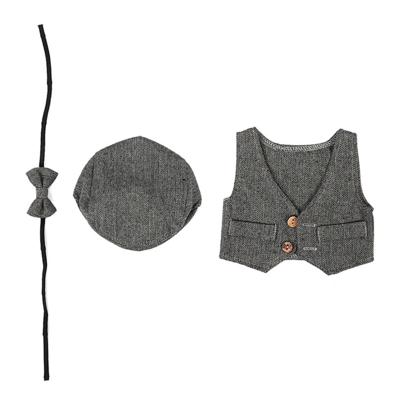 Three piece Waistcoat Children's Photography Clothes set for 0-1 Month Baby (Black and Gray) - Image 3