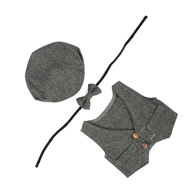 Three piece Waistcoat Children's Photography Clothes set for 0-1 Month Baby (Black and Gray) - Image 4