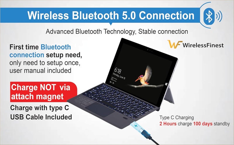 WirelessFinest Keyboard Replacement Type Cover Trackpad Mouse for Microsoft Surface Pro 7+ 7 Pro 6 Pro 5 Pro 4 Pro 3 Ergonomic Portable Slim Wireless Bluetooth Rechargeable - Image 3
