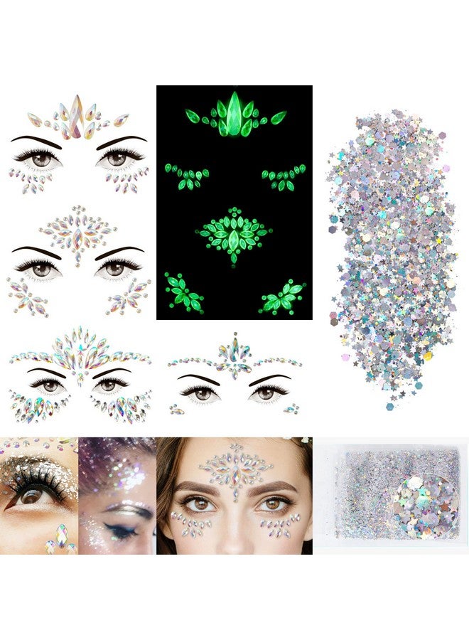 DECOYARDOO 4 Sheets Euphoria Face Gems, 10g Chunky Glitter, Rhinestones Jewels Stickers Glow in The Dark-Luminous Gems Body Makeup for Music Festivals Rave Carnival Cosplay (2Luminous) - Image 1