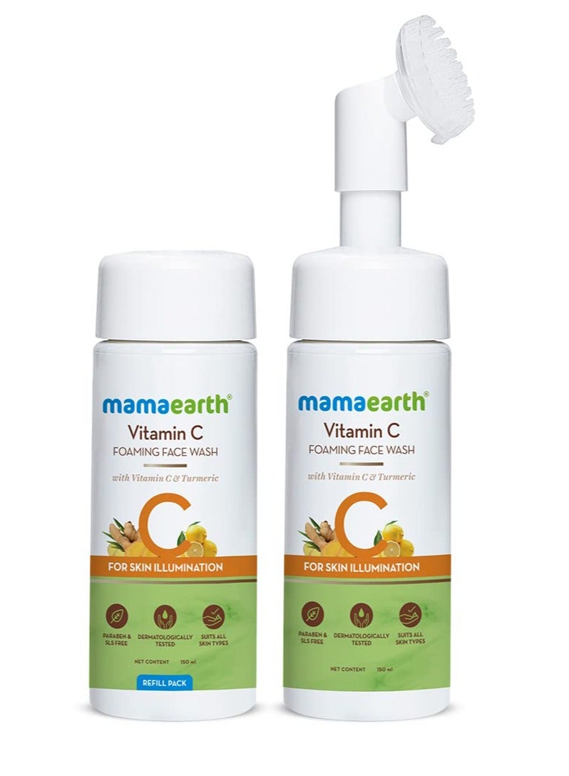 Mama Earth Vitamin C Foaming Face Wash with brush, Combo Pack with Refill for Skin Illumination - 150 ml + 150 ml - Image 1