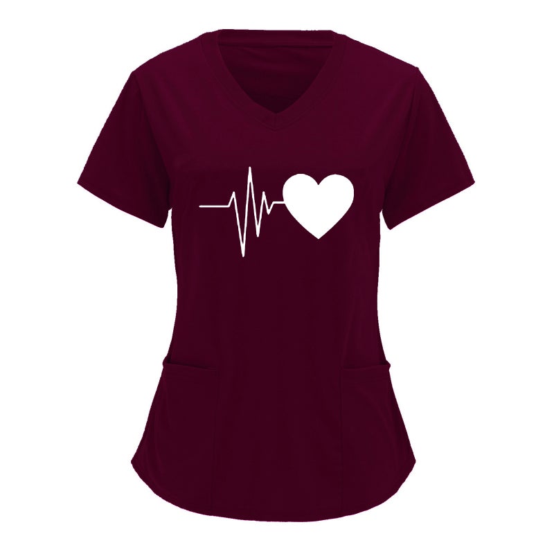 Cross-border European and American Nurses Wear and Care Tooling V-neck Double Pocket Heartbeat Love Printed Shirt Short-sleeved T-shirt plus size Purplish red