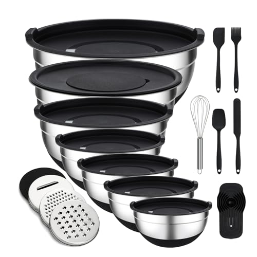 Unokit Mixing Bowls with Lids Set - 7 Pcs Stainless Steel Mixing Bowls with 3 Grater Attachments, Non-Slip Silicone Base Mixing Bowl Set for Kitchen - Image 1