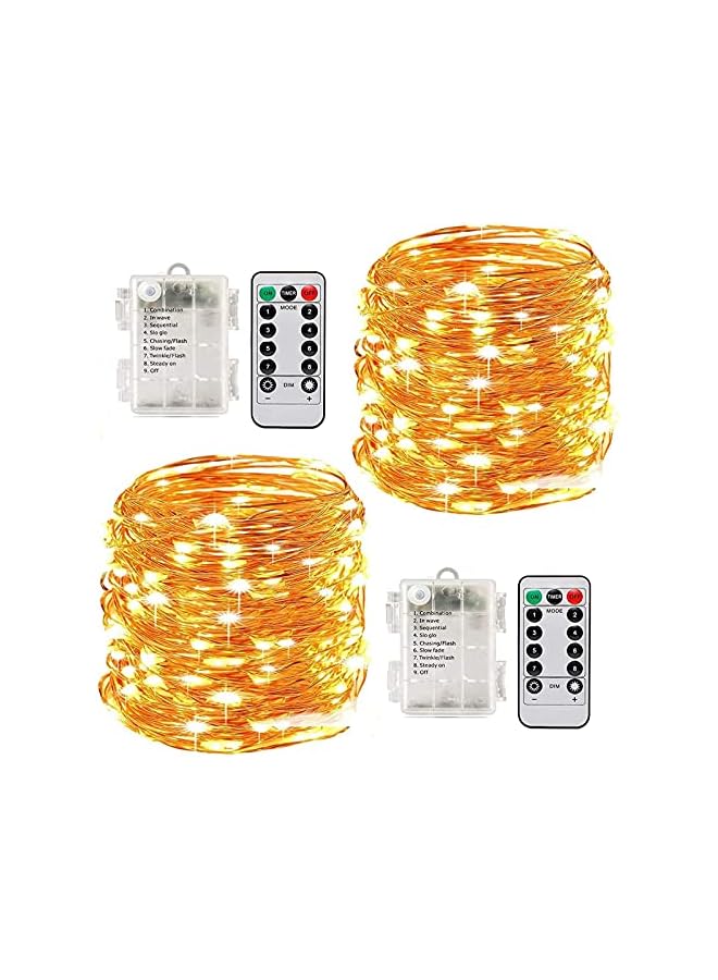 The Bros أضواء خيطية LED تعمل بالبطارية، 33 قدم/10 متر أضواء خرافية مقاومة للماء بمناسبة ديوالي 100 LED أضواء عيد الميلاد مع 8 أوضاع لتزيين عيد الميلاد والزفاف وغرفة النوم والشجرة (أبيض دافئ، عبوتين) - Image 2