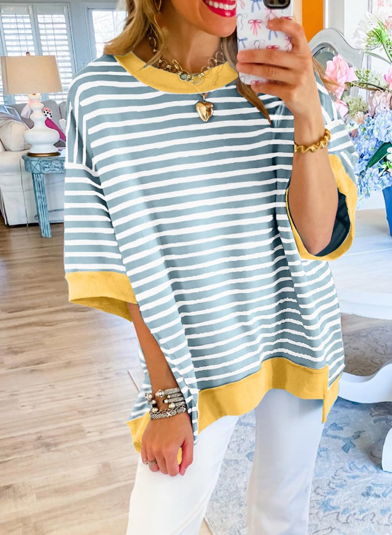 Shein SHEWIN Womens T Shirts Crewneck Short Sleeve Spring Tops Loose Color Block Sweatshirt Knitted Top Blouses Dressy Casual Summer Tops for Women Trendy Dusk Blue Stripe S - Image 2