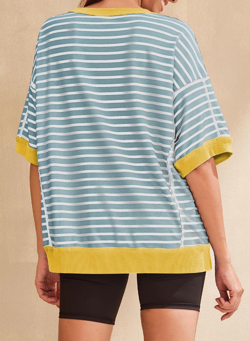 Shein SHEWIN Womens T Shirts Crewneck Short Sleeve Spring Tops Loose Color Block Sweatshirt Knitted Top Blouses Dressy Casual Summer Tops for Women Trendy Dusk Blue Stripe S - Image 4