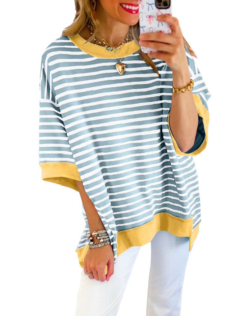 Shein SHEWIN Womens T Shirts Crewneck Short Sleeve Spring Tops Loose Color Block Sweatshirt Knitted Top Blouses Dressy Casual Summer Tops for Women Trendy Dusk Blue Stripe S - Image 1