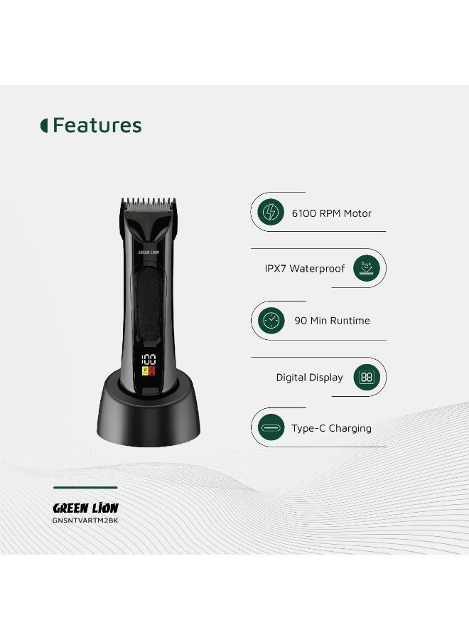 جرين ليون ماكينة تشذيب المناطق الحساسة، شفرتان من السيراميك والفولاذ المقاوم للصدأ / مقاومة للماء IPX7 / مشطان توجيهيان 2-4، 5-7 / وقت تشغيل 90 دقيقة / محرك 6100 دورة في الدقيقة - أسود - Image 2