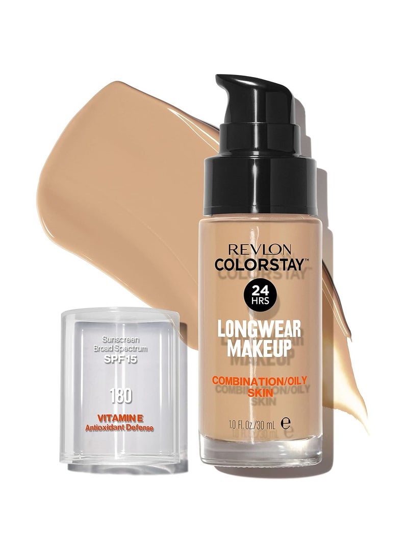 ريفلون أساس سائل ColorStay للبشرة المختلطة والدهنية، مستحضرات تجميل للوجه، هدايا عيد الميلاد للنساء، SPF 15، تغطية متوسطة إلى كاملة، لمسة نهائية غير لامعة، بيج رملي (180)، 1.0 أونصة - Image 1