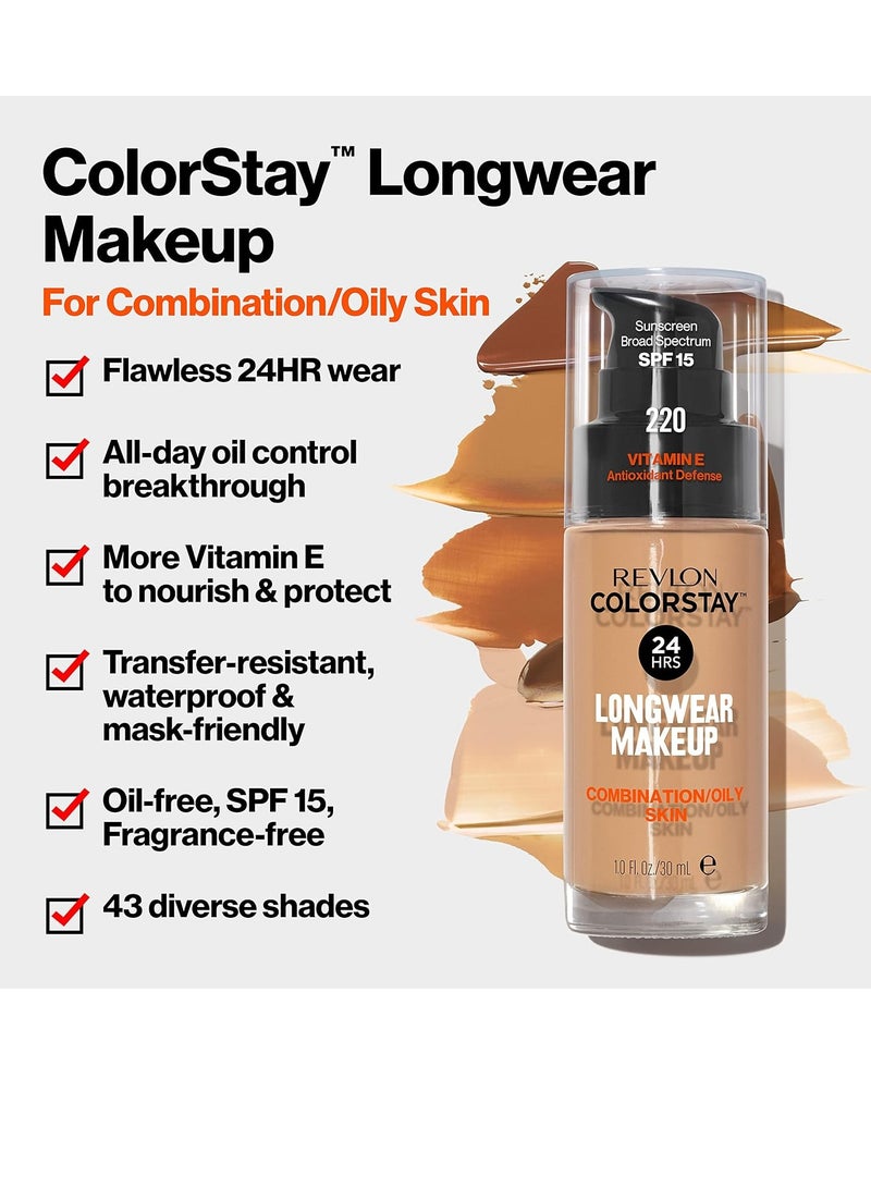 ريفلون أساس سائل ColorStay للبشرة المختلطة والدهنية، مستحضرات تجميل للوجه، هدايا عيد الميلاد للنساء، SPF 15، تغطية متوسطة إلى كاملة، لمسة نهائية غير لامعة، بيج رملي (180)، 1.0 أونصة - Image 3