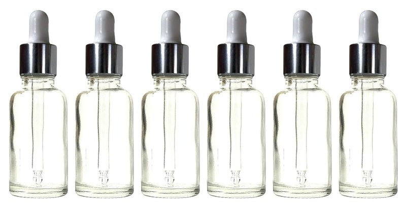 Vow 30ML Transperant Empty Glass Dropper Bottles, Silver Sleeve, White Rubber Teat, Leakproof, Travel For Oil, Perfume, Serum, Cosmetic_Pack of 6 - Image 1