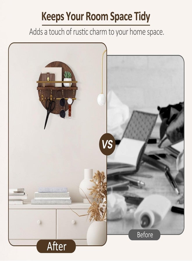 Nekon Key Holder Wall Mount, 11.8 Inch Rack With Shelf and 6 Hooks, Rustic Mail Organizer, Circular Wooden Hanger for Entryway Hallway Kitchen (Brown&Gold) - Image 3