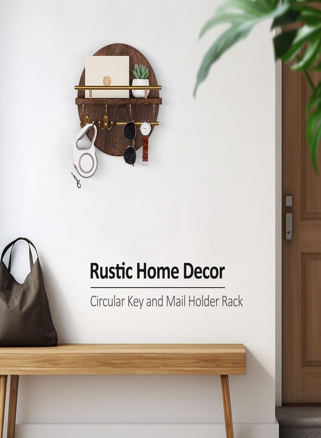 Nekon Key Holder Wall Mount, 11.8 Inch Rack With Shelf and 6 Hooks, Rustic Mail Organizer, Circular Wooden Hanger for Entryway Hallway Kitchen (Brown&Gold) - Image 5