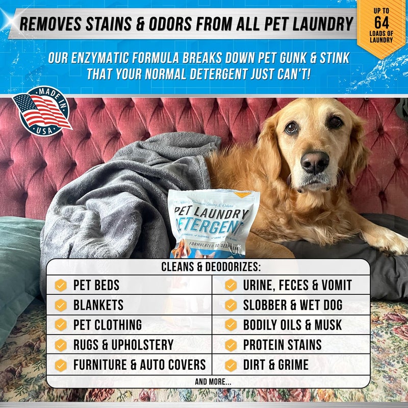 Active Pet Laundry Detergent Odor Remover - ACTIVE Enzyme Based Powder Detergent for Dogs Beds, Cat Pee, HE Washer Friendly Natural Enzymatic Deodorizer, Urine, Smell, Dog Drool, Stain Eliminator - 64 Loads - Image 2