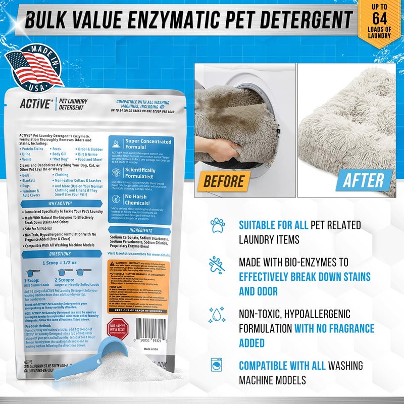 Active Pet Laundry Detergent Odor Remover - ACTIVE Enzyme Based Powder Detergent for Dogs Beds, Cat Pee, HE Washer Friendly Natural Enzymatic Deodorizer, Urine, Smell, Dog Drool, Stain Eliminator - 64 Loads - Image 3