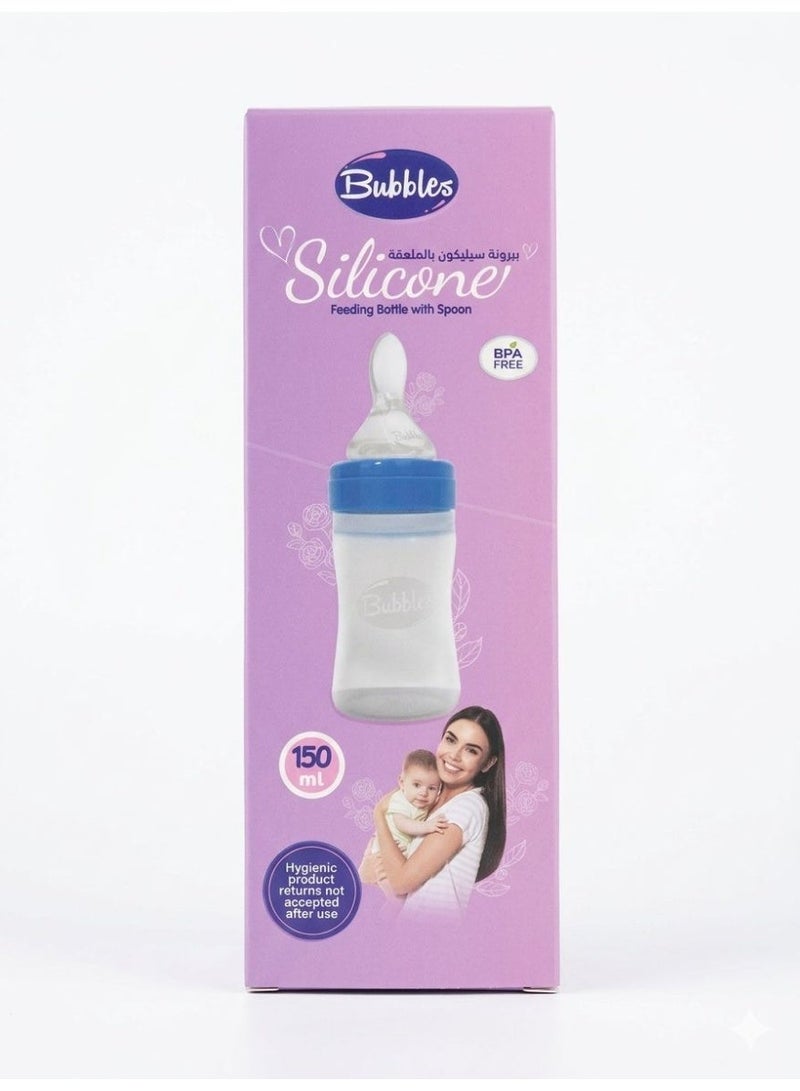 Bubbles Silicone Spoon Feeding Bottle for Babies – Soft Squeeze Baby Food Dispenser Easy Feeding Bottle with Spoon – BPA Free – 150 ml Blue - Image 1