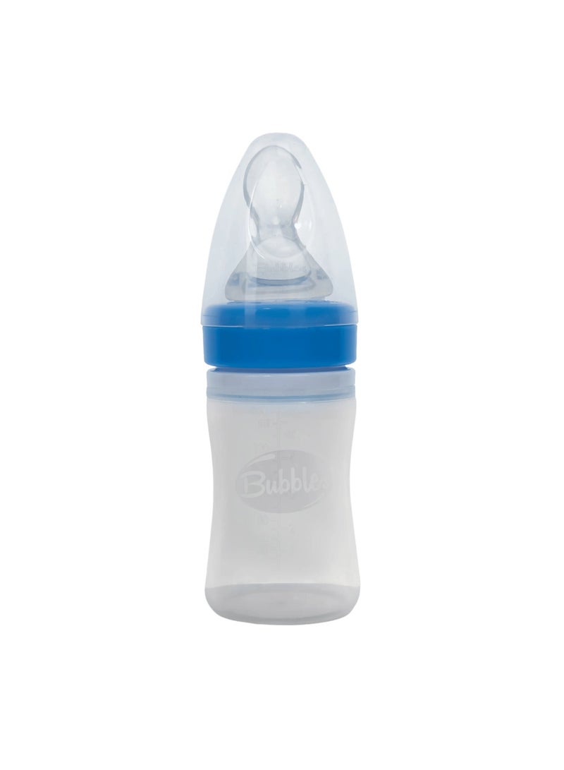 Bubbles Silicone Spoon Feeding Bottle for Babies – Soft Squeeze Baby Food Dispenser Easy Feeding Bottle with Spoon – BPA Free – 150 ml Blue - Image 4