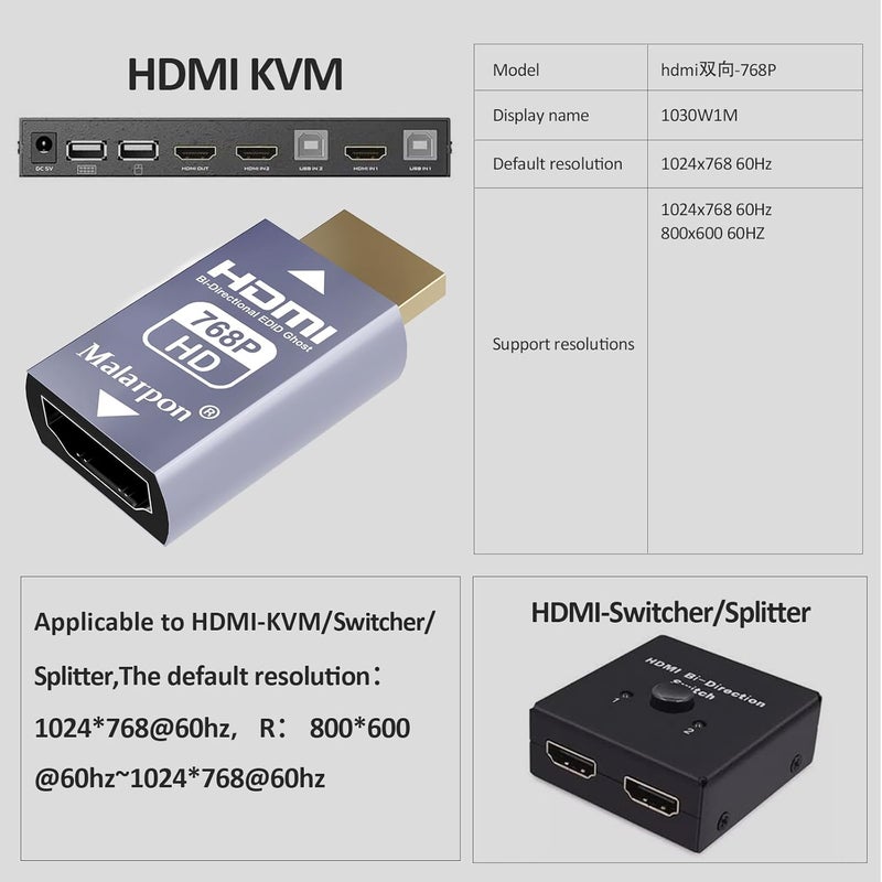 Malarpon Hdmi Edid Emulator Passthrough 3rd Generrtion Aluminum fit Headlesskeep The EDID of The Monitor Active Switches and Extenders 1024x768@59Hz 1P - Image 2