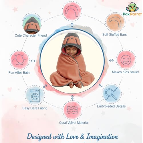 PAX PARROT Ultra-Soft Baby Hooded Towel – 100% Cotton Wrap Your Little one in Softness and Joy, Hypoallergenic & Super Absorbent Bath Wrap for Newborns & Toddlers | Cute Animal Design,(0-5Years) (Coral) - Image 2