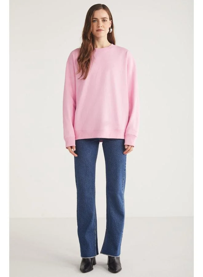 Ethiquet Karıus Women's Regular Fit %100 Organic Cotton Lined with Fleece Round Neck Pink Sweatshirt.