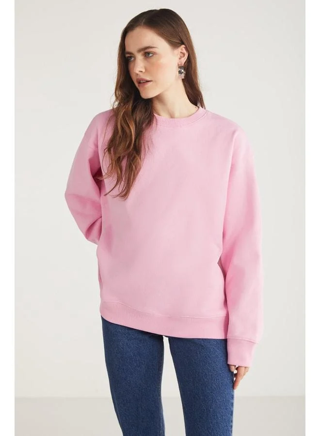 Ethiquet Karıus Women's Regular Fit %100 Organic Cotton Lined with Fleece Round Neck Pink Sweatshirt.