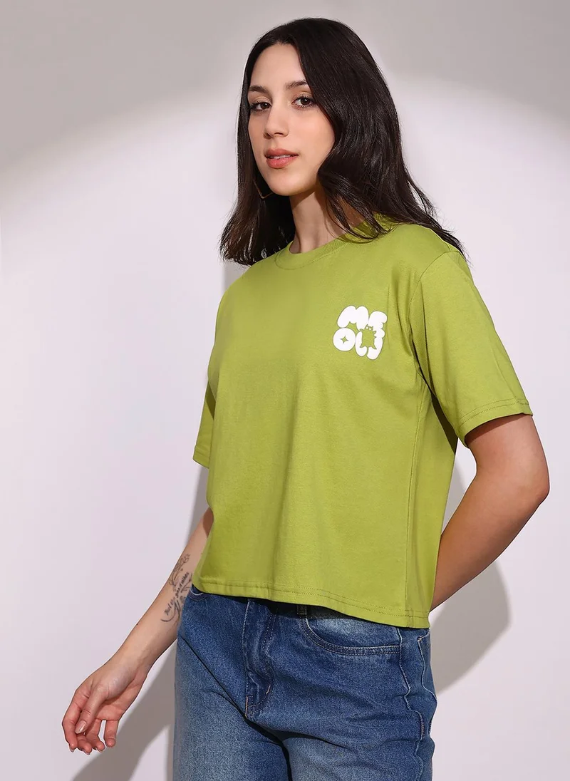 globus Globus Women Green Round Neck Short Sleeves Graphic Print Oversized Crop T-Shirt