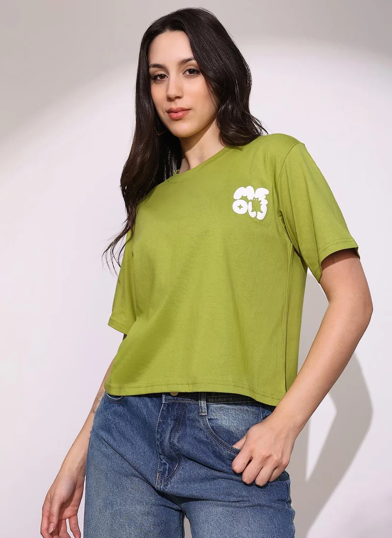globus Globus Women Green Round Neck Short Sleeves Graphic Print Oversized Crop T-Shirt